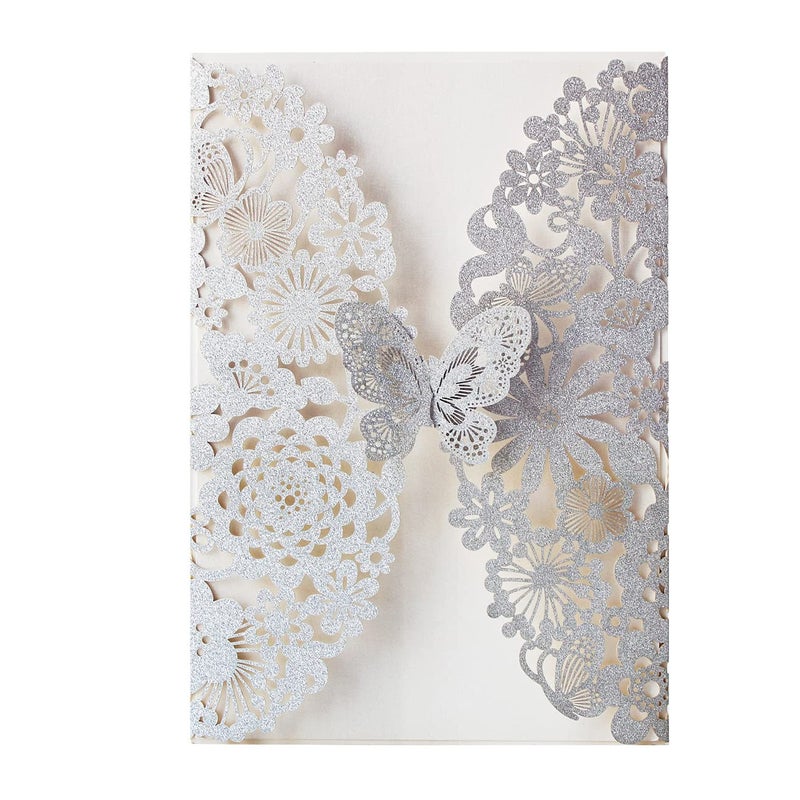 Hosmsua 5.12 x 7.3'' 50PCS Silver Laser Cut Butterfly Quinceanera Invitation Cards Lace Flora Weddding Invitations with Envelopes for QuinceaÃ±era Wedding Bridal Shower Invite (Silver Glitter) - Image 1